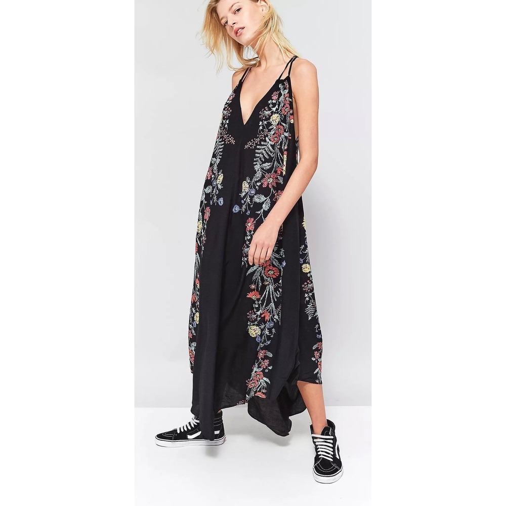 Free People Ashbury Maxi Slip Dress Sz XS Black Floral